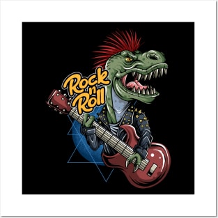 cyber-punk-trex-dinosaur-rocker-jacket-playing-guitar Posters and Art